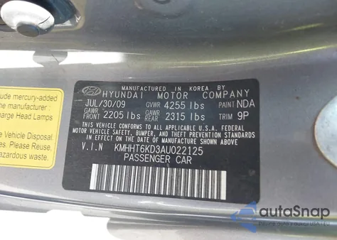 2010 Hyundai Genesis 2.0T Track из США, поврежденный, VIN KMHHT6KD3AU022125